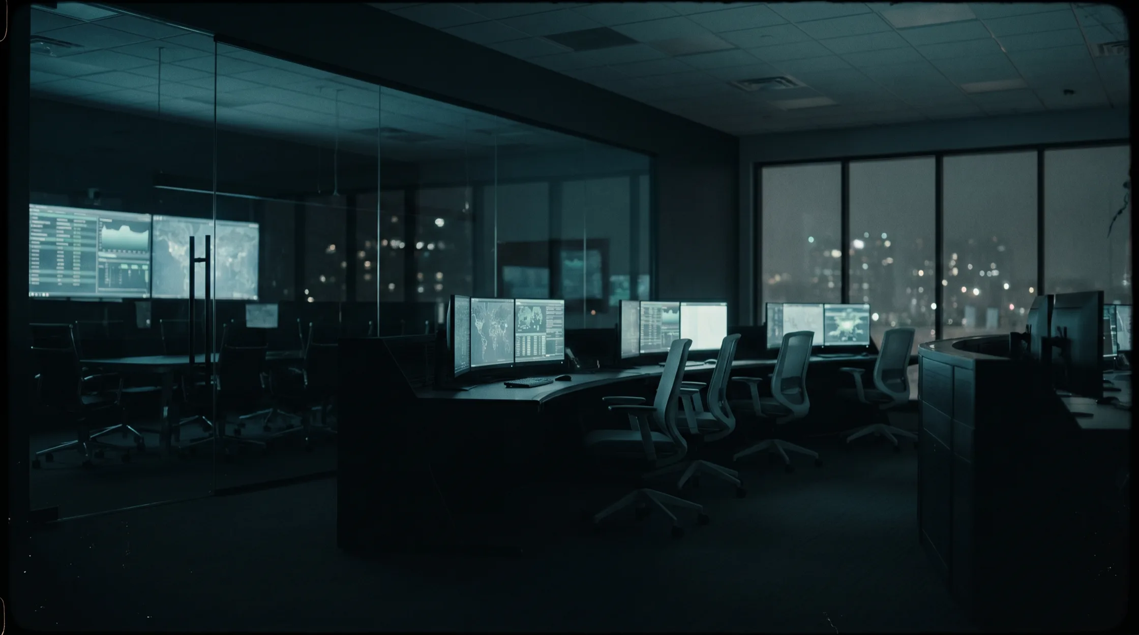 Dark operations room with glowing teal monitors and city lights at night