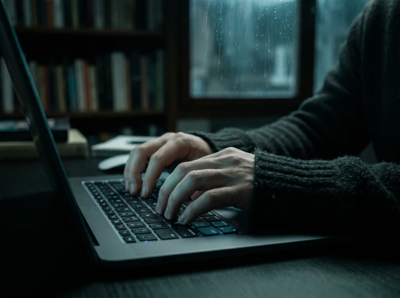 Hands on a laptop by a rain-streaked window, wall of books in the evening